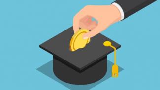 a cartoon image of a hand placing a coin into a piggy bank in the shape of a graduation cap